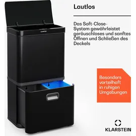 Klarstein Touchless Sensor-Mülleimer - 56L Küchen-Abfalleimer mit Bewegungssensor, 3-in-1-Mülleimer, Trennsystem, Soft-Close, Edelstahl, Schwarz