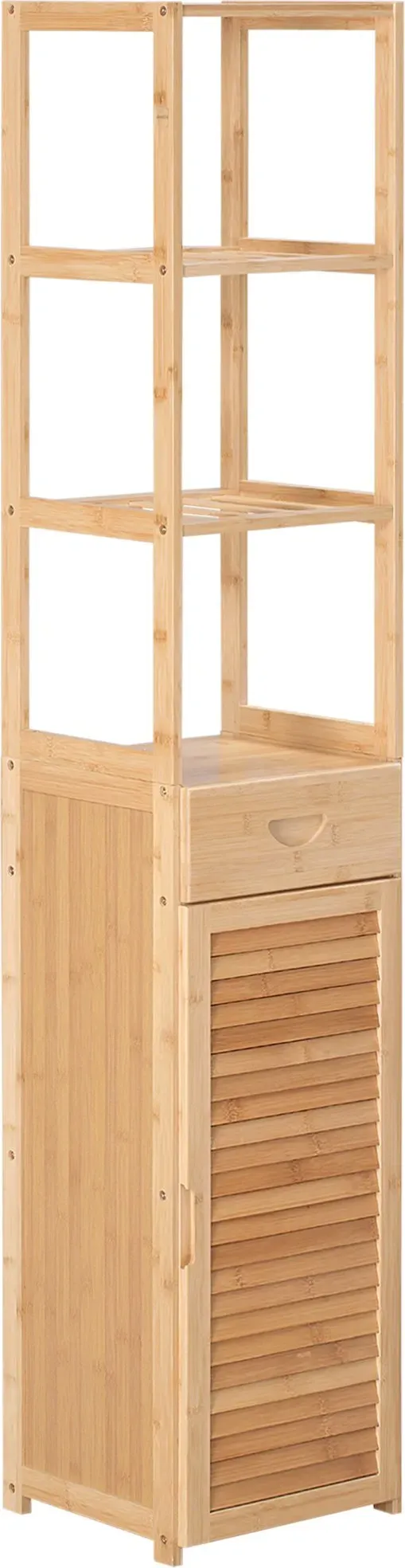 kleankin Badezimmerschrank, Badschrank aus Bambus, Badezimmermöbel mit Schublade, drei Ablagen, offenes Fach, für Badezimmer, 32 x 30 x 163 cm Naturholz   Aosom