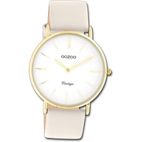 OOZOO Quarzuhr Oozoo Damen Armbanduhr Vintage Series, Damenuhr Lederarmband beige, weiß, rundes Gehäuse, groß (ca. 40mm) weiß