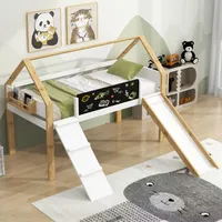 Kinderbett Hochbett 90x200 cm (Ohne Matratze) mit Rutsche Kinderbett großer Stauraum mit Regalen Massivholz-Kinderbett Natur - Weiß