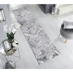 Kadima Design Luxuriöser Wohnzimmer Teppich `Ouse Joy`, Metallische Marmorierung - Farbe: Silber, 60x230 cm