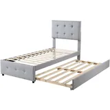 Polsterbett 90x200 ausziehbar mit verstellbarem Kopfteil und Lattenrost – klassisches Design, flexibel für Gäste, robust, Leinenbezug, Grau