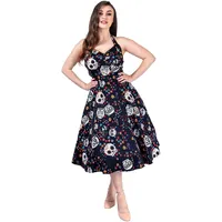 Ro Rox Maxilla Halfter Kleid Rockabilly Totenkopf Blume Swing Pin-up Vintage 1950er Jahre, Schwarz, XXL - XXL