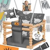 Kidiz KIDIZ® Babyschaukel Kinderschaukel Schaukelsitz mit Polsterung Holz-Schaukel mit Anti-Kipp bis 60KG Höhenverstellbar Indoor Outdoor 0,5 - 3 Jahre Montagezubehör & Sicherheitsgurt