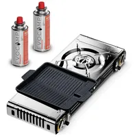 EVOCAMP Gaskocher 2-flammig mit Piezozündung - für Gaskartuschen MSF-1a 227g, (mit 2 Kartuschen und Grillplatte 38 cm, Campingkocher für Gas - Campinggaskocher - Camping Herd), 2,5 kW x 2 mit Grillaufsatz eckig 38 cm + 2 Kartuschen