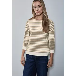 Sweatshirt STREET ONE, Damen, Gr. 44, honey sand, Sweatware, Obermaterial: 55% Polyester, 30% Baumwolle, 12% Viskose, 3% Elasthan, gestreift, casual, regular fit taillenbedeckt, U-Boot-Ausschnitt, 3/4-Ärmel Rippbündchen, Sweatshirts, mit Streifenmuster