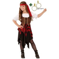Karneval-Klamotten Piraten-Kostüm Piratenbraut Mädchen Seeräuber Piratin mit Ohrring, Kinderkostüm Freibeuter Mädchen Pirat braun|rot|schwarz 152