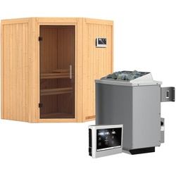 Karibu Sauna Taurin mit Eckeinstieg 68 mm-9 kW Ofen inkl. Steuergerät-Ohne Dachkranz-Ganzglastür in Graphit-Optik