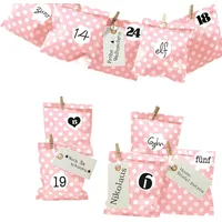 Frau Wundervoll DIY Adventskalender zum Befüllen Bescherung, Papiertueten flach 13x16,5cm, rosa Punkt, Ziffern schwarz-weiß
