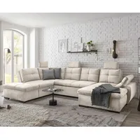 Froschkönig24 Alija Wohnlandschaft 334 x 217 cm, mit Schlaffunktion und Bettkasten - Beige