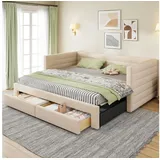 Flieks Daybett, Polsterbett Schlafsofa mit Ausziehbett 90/180x190cm mit 2 Schubladen beige