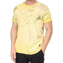 Herren T-Shirt mit Allover-Print im Used-Look Baumwoll-Shirt Rundhals-Shirt R-15295 Gelb - S