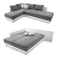 luma-home Federkern Ecksofa 306x223 cm Boxspring Topper, Schwenkteil rechts, Kunstleder Weiß+Mikrofaser Hell-Grau / 15104