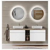 Lomadox Badezimmer Waschplatz in weiß matt mit Vintage Eiche Nb. IRAKLIO-56 Doppelwaschbecken Unterschrank, 2 led Spiegel, b/h/t: ca.