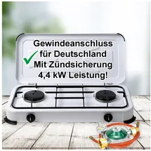Bluecraft Camping-Gas-Kocher Mobi 2-flammig, weiss mit Zündsicherung Gasschlauch und M...
