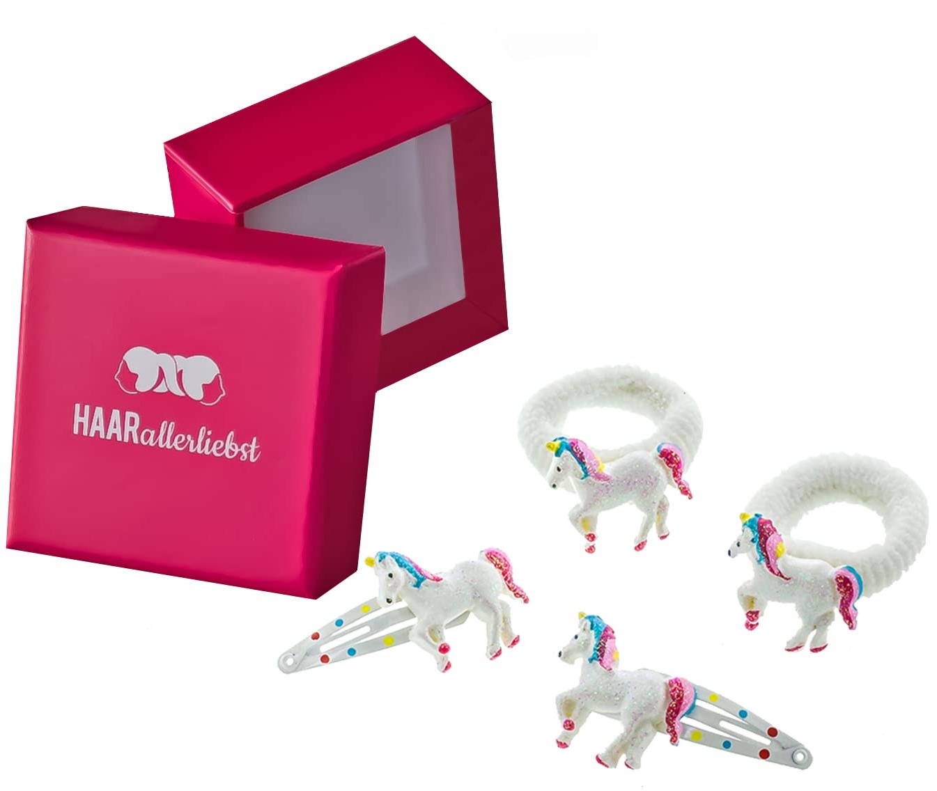 HAARallerliebst Haarschmuck Set (4 teilig | Einhörner | Glitzer Weiss) für Mädchen inkl. Schachtel zur Aufbewahrung (Schachtelfarbe: pink)