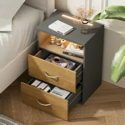 CASARIA® Nachttisch mit Schubladen & Beleuchtung Holz Grau