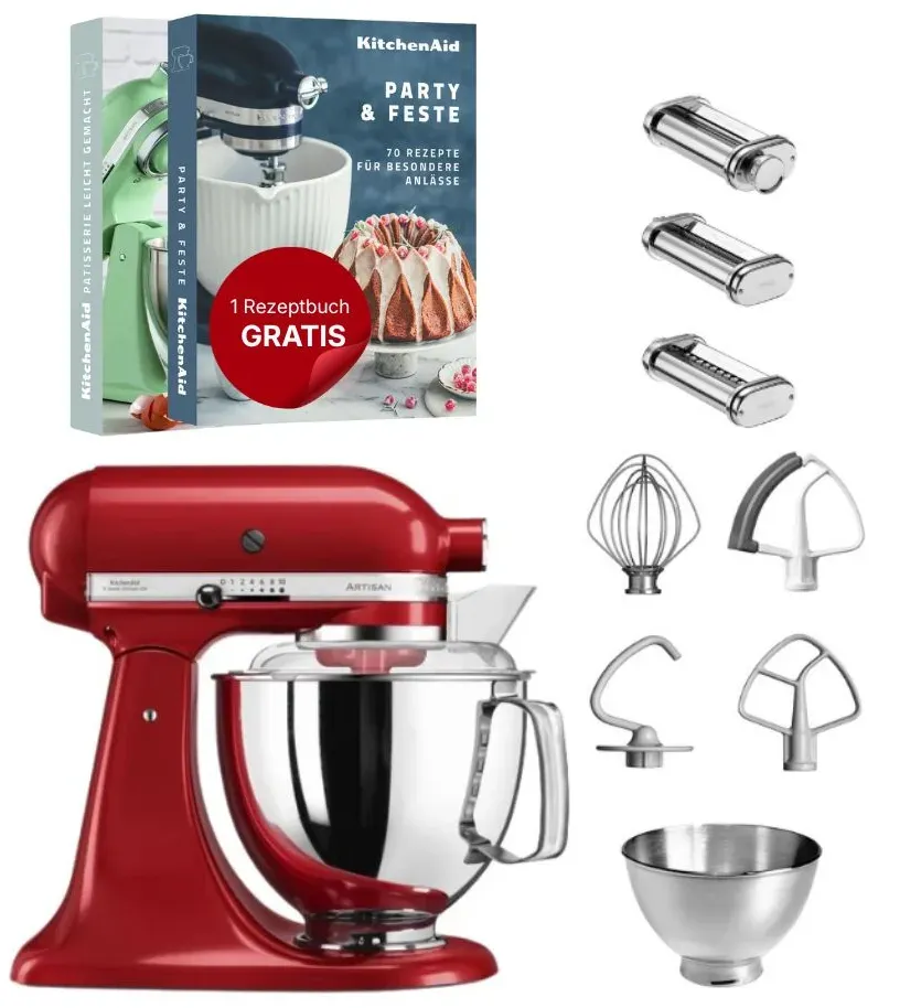 KitchenAid 4,8 L 5KSM175 Artisan Küchenmaschine Pastalover mit Nudelwalzen 3er- Set - Empire Rot