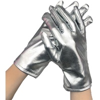 Kurze Handschuhe für Damen,Metallic Glitzer Handschuhe Shine 23 cm Zubehör Gloves Prinzessin Show Tänzerin Flapper Girl Diva Abendkleid Kostüm Karneval Junggesellenabschied Mottoparty Tanzshow,Silber