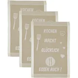 Ross Geschirrtuch Kochen macht glücklich... Essen auch, (Set, 3-tlg), Sprüchetuch, aus 100% Baumwolle beige