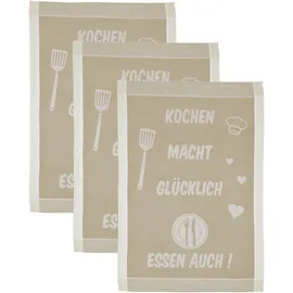 Ross Geschirrtuch Kochen macht glücklich... Essen auch, (Set, 3-tlg), Sprüchetuch, aus 100% Baumwolle beige
