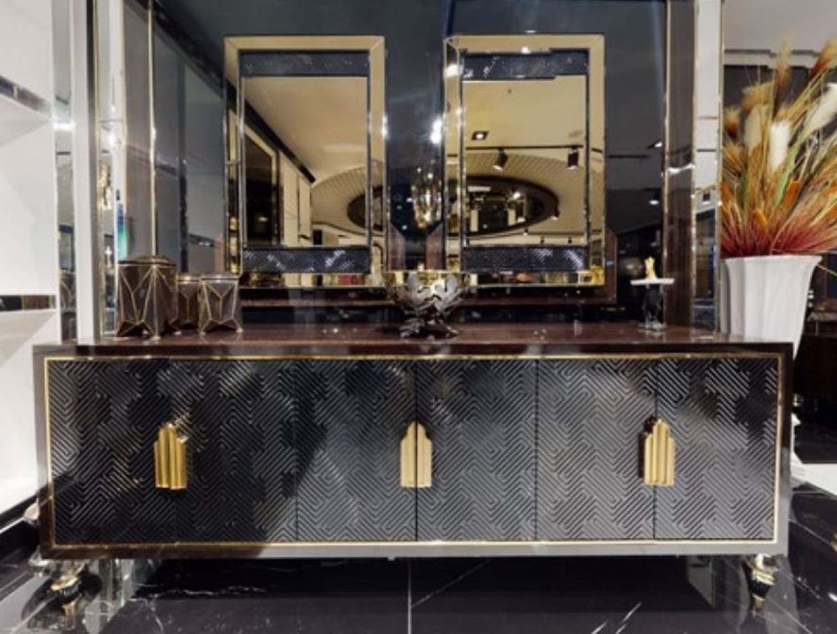 Casa Padrino Luxus Möbel Set Dunkelbraun / Schwarz / Gold - 1 Luxus Sideboard mit 6 Türen & 2 Luxus Wandspiegel - Luxus Möbel - Luxus Einrichtung