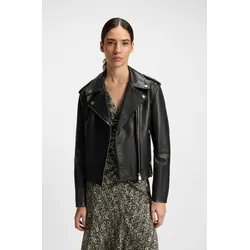 Lederjacke BOSS ORANGE "Sandy Premium Damenmode", Damen, Gr. 38, schwarz (schwarz 001), Obermaterial: 100% Büffelleder, unifarben, casual, Langarm, Jacken, mit genarbter Struktur