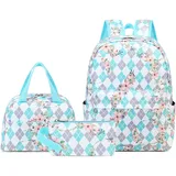 Sunborls Rucksack für Teenager, Mädchen, leicht, wasserdicht, mit Lunchbox und Federmäppchen, 3-in-1, Geschenk für die Schule, lässiger Tagesrucksack, Reise-Laptop-Rucksack, rautengrün