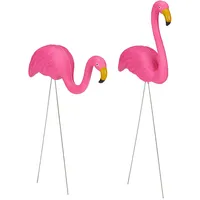 Relaxdays Flamingo Figur 2er Set, niedliche Gartendeko, tropisches Flair, Kunststoff, Metall, Dekofigur 2 Größen, Pink