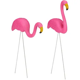 Relaxdays Flamingo Figur 2er Set, niedliche Gartendeko, tropisches Flair, Kunststoff, Metall, Dekofigur 2 Größen, Pink