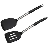 elalove Pfannenwender Set 2-tlg Silikon Edelstahlgriff Hitzebeständig Schwarz