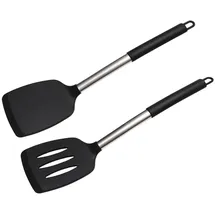 elalove Pfannenwender Set 2-tlg Silikon Edelstahlgriff Hitzebeständig Schwarz