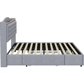 Flieks Polsterbett 160x200cm mit USB, Doppelbett Stauraumbett mit 4 Schubladen, Jugendbett mit Lattenrost, Funktionsbett Holzbett, Leinen, Hellgrau - Grau