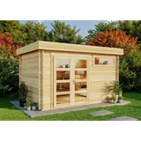 Gartenhaus Leandro-28 mit Fußboden aus Holz, Gerätehaus 394x268, 8,64 m2, 28 mm Wandstärke - Naturbelassen