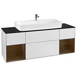 Villeroy & Boch Villeroy und Boch Finion Waschtischunterschrank F212GNMT 160cm, Abdeckplatte black matt, Regale Walnut veneer, White matt lacquer