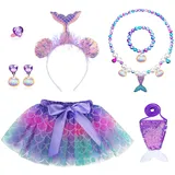 OPUHOHR 7 Pcs Meerjungfrau Schmuck Kostüm Set, Mädchen Schmuckset mit Pailletten Geldbörse Meerjungfrau,Halsketten,Ohrringe,Armbänder,Ringe,stirnband und Tutu-Rock, Geschenke für Mädchen