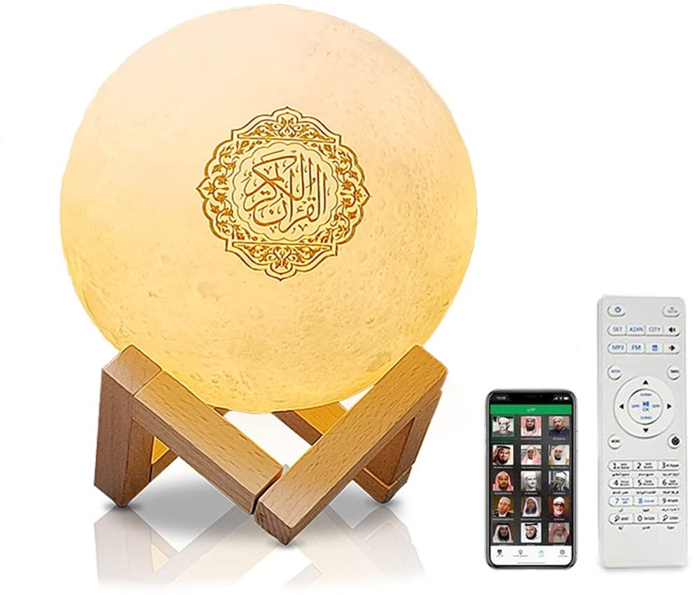 Qur'an Mond Lampe, Smart Touch Bluetooth Lautsprecher 3D Mondlicht Nachtlicht, 7 Farben LED Lampe Speaker, Nachtlampe Farbwechsel Nachttischlampe Tischlampe