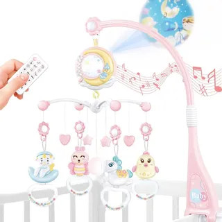 koesmg Baby Crib Mobile mit Timing-Funktion, Projektor und Lichtern, hängenden rotierenden Rasseln Spielzeug für Neugeborene(Rosa)