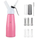 lcvtos 500ml Sahnespender, Extrem Widerstandsfähiges Eloxiertes Aluminium zum Dekorieren von Geburtstagstorten, Kuchen, EIS und Desserts (Rosa)