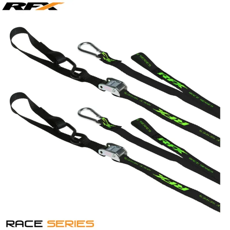 RFX Serie 1.0 Race Zurrringe (Schwarz/High Visibility) mit zusätzlicher Schnalle und Karabinerclip.