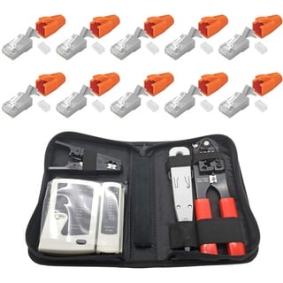 ARLI RJ45 Netzwerk Werkzeug Set 10 x Netzwerkstecker Netzwerk Stecker RJ 45 Modular Zugentlastung Einführhilfe 8 polig Verlegekabel Cat7 Cat6a Crimpzange Abisolierer LSA Anlegewerkzeug Netzwerktester