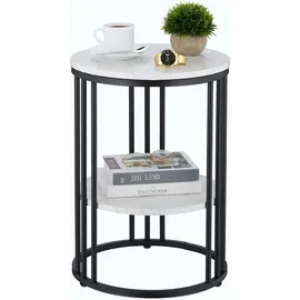 Relaxdays Beistelltisch Marmoroptik, 2 Ablagen, für Wohnzimmer, Metall & MDF, Sofatisch rund, HxD 56x40 cm, weiß/schwarz