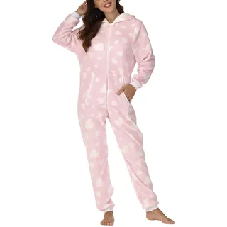 shownicer Jumpsuit Damen Schlafanzug Onesie Schlafoveralls mit Kapuze Einteiler Pyjamas Langarm Strampler mit Reißverschluss Frauen Mädchen Overall B Rosa S - S