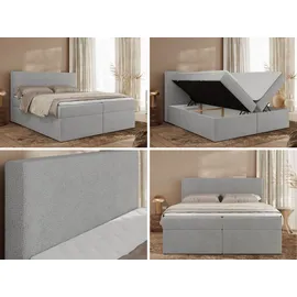 MKS Meble Boxspringbett, Polsterbett JAGUAR mit Multipocket-Matratze, struktur dekostoff, zwei Bettkästen und Topper - 180 x 200 cm - H3 - Hellgra...