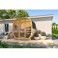 Finn Art Blockhaus Fasssauna Quadro 160 Vollglas Front mit Halbglas Rückwand, 42 mm, Schindeln grün, Outdoor Gartensauna, ohne Ofen, Bausatz grün