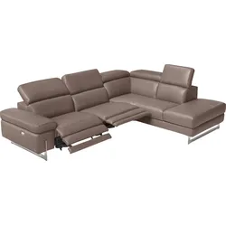 Ecksofa EGOITALIANO "Candice", beige (safari), B:278cm H:100cm T:221cm, LEDER BACIO hat eine weiche und wachsartige Hand mit halb undurchsichtigem Aussehen. Es handelt sich um ein Naturleder, das die ursprünglichen Eigenschaften der Lederhäute nicht verändert. Das Vorhandensein von verheilten Narben, Körnungsunterschiede, Falten, Adern, Unterschiede in den Farbtönen und andere Spuren, die die Natur auf diesen Fellen hinterlassen hat, sind ein Beweis für die absolute Echtheit und das Zeugnis ihres großen Wertes., Sofas, inkl. 2 elektrischer Relaxfunktionen, Bedienung über Taste an Armlehne