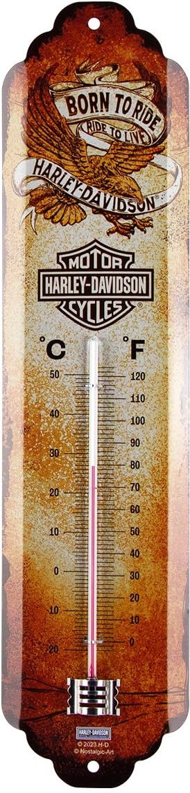 Nostalgic-Art Retro Thermometer, 7 x 28 cm, Harley-Davidson – Born to Ride Eagle – Geschenk-Idee für Biker, aus Metall, Vintage Design