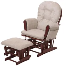 Mendler Relaxsessel HWC-C76, Schaukelstuhl Schwingstuhl mit Hocker Stoff Chenille (465g/m2) creme, Gestell dunkel