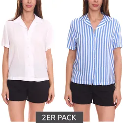 2er Pack AjC Blusen luftige Damen Hemd-Blusen in zwei Farben mit Knopfleiste Blau/Weiß - 40