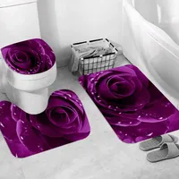 JIFOME Badteppich 3 Stück Weiche saugfähige Badematten,Rose lila 3D-Blumenblumen,rutschfeste Badematte Teppiche & Toilettendeckelabdeckung Set Waschbar